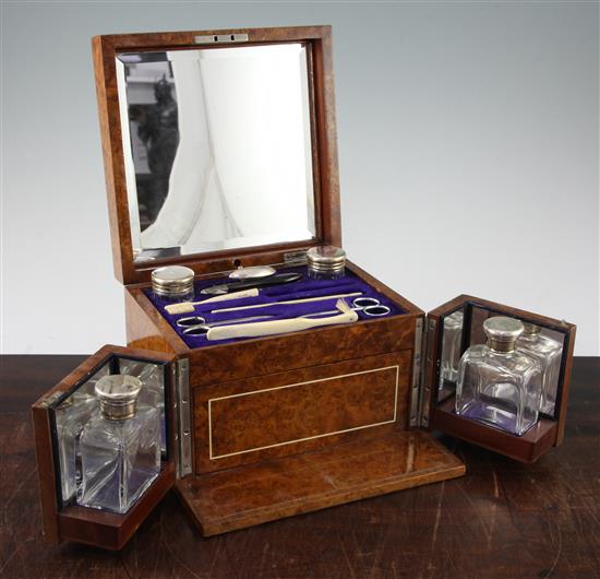 A George V burr walnut and ivory strung toilet box, 8.5in.